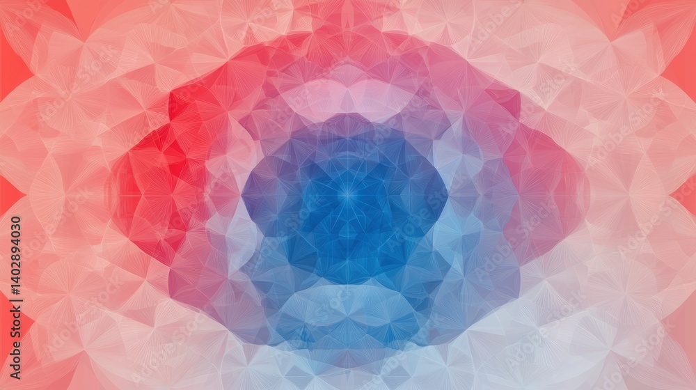 Poster a symmetrical abstract design composed of overlapping circles in red, blue, and white.