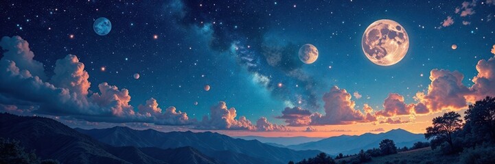 Fototapeta premium Hand-painted night sky with stars and planets on antique paper, vintage, astronomy