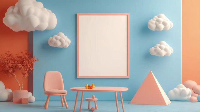 Mockup of a blank white poster frame on a pastel blue and orange wall in a playful children&rsquo;s room interior with cloud decorations, colorful furniture, and cozy atmosphere. Copy space