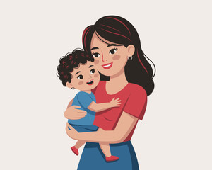Obraz premium Loving Mother Holding Curly-Haired Child in Cartoon Illustration