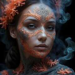 Enigmatic Woman with Intricate Lace Mask and Smoke