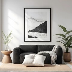 Modern Minimalist Living Room Interior with Black Sofa and Mountain Art