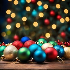 Fototapeta premium Christmas Ornaments on Wooden Table with Bokeh Lights