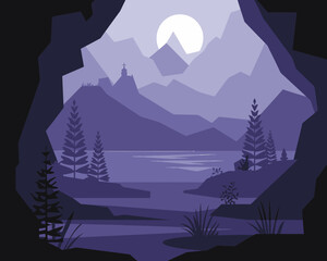 Vector Cave View: Mountain Lake Landscape with Church and Rising Moon, Forest Trees