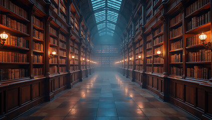 Fototapeta premium Grand Library with Towering Bookshelves and Skylights Illuminating a Misty Atmosphere