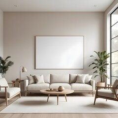 Minimalist Beige Living Room Interior with Mockup Canvas