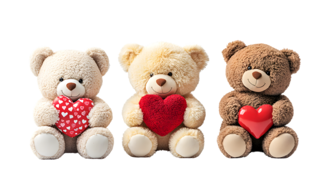 "Charming Teddy Bear Trio Holding Red Hearts in Various Poses for Valentine's Day"
