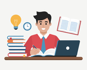 Focused student studying with books, laptop and lightbulb icon.