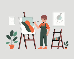 Male Artist Painting Abstract Artwork on Canvas with Easel at Home