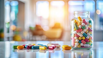 A glass jar filled with an assortment of colorful capsules and tablets rests on a reflective surface, against a blurred background of a bright and airy interior space.