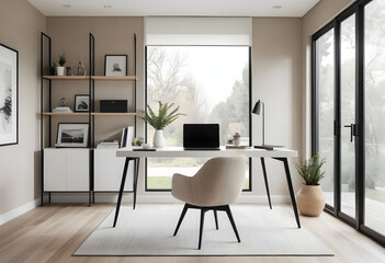 Modern Home Office with White Desk and Beige Chair in Minimalist Style