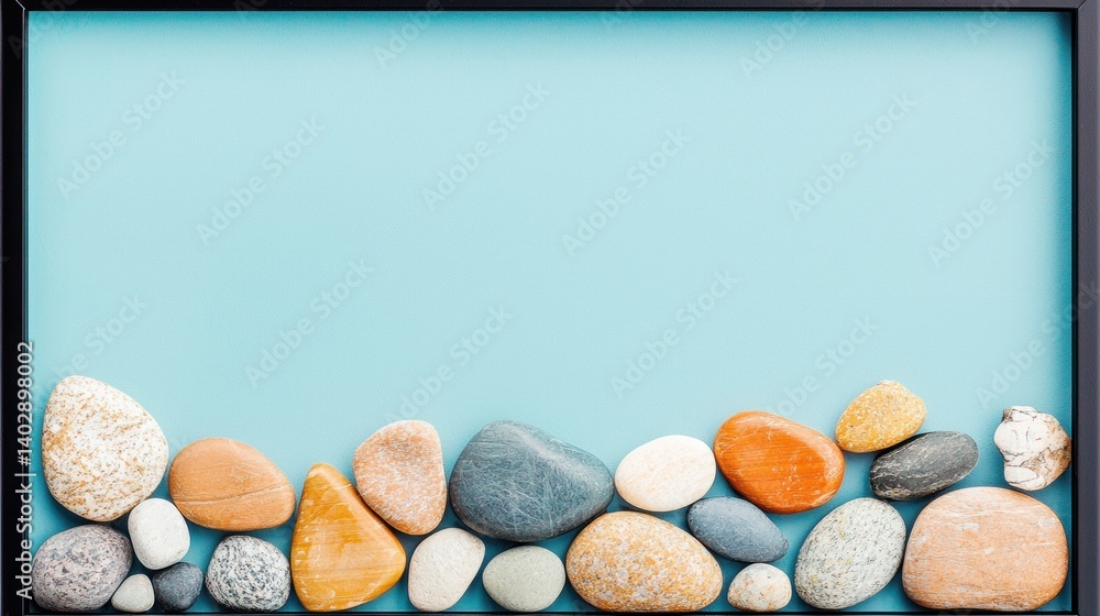 Poster a collection of rocks in various colors and shapes arranged in a row against a light blue background