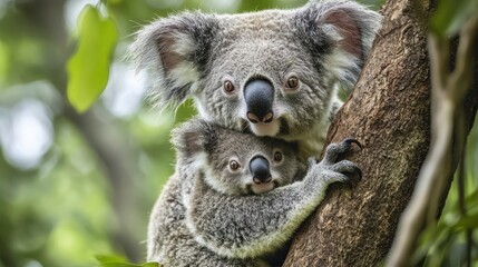 Naklejka premium A koala mother and joey cuddled together in a tree.