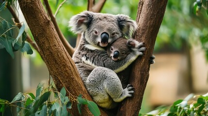 Obraz premium A koala mother and joey embrace in an eucalyptus tree.