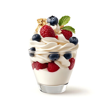 A creamy smooth yogurt parfait with fresh berries and a subtle swirl, isolated white background, hyperrealism art style