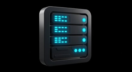 Futuristic Server Rack Illustration with Glowing Lights on Black Background