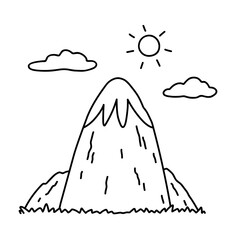Landscape with mountains, clouds and sun. Vector hand-drawn illustration in doodle style. Perfect for cards, banners, various designs.