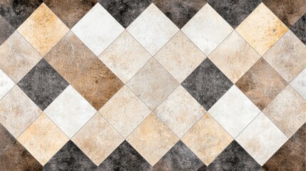 A tile floor with a diamond pattern in various shades of brown, beige, and gray.