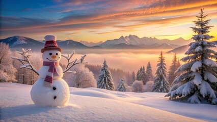 Fototapeta premium A cheerful snowman in a warm hat and scarf stands amidst a breathtaking winter landscape, bathed in the golden light of a picturesque sunrise over snow-covered mountains and evergreens.