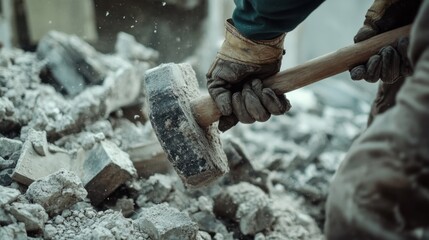 Demolition worker swinging a sledgehammer. Featuring force and precision
