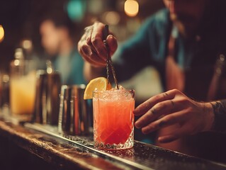 Expert Bartender Crafting a Cocktail:  A skilled bartender meticulously crafts a refreshing cocktail with a touch of artistry, showcasing expert cocktail mixing and meticulous detail.