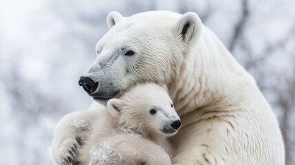 Fototapeta premium A mother polar bear lovingly embraces her cub in a snowy landscape.