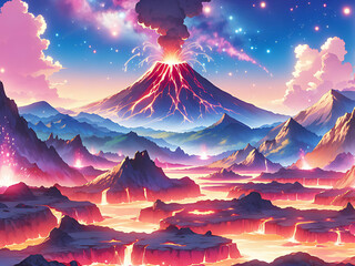anime style landscape with volcanic eruption