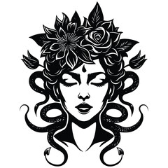Vector art illustration of a beautiful woman's face with floral hair tattoo design