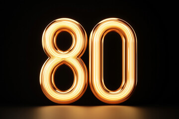 Golden number eighty illuminated against a black background. The number is stylish and eye-catching, perfect for celebrating an 80th anniversary or birthday.