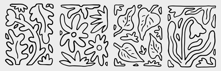 A set of compositions with linear natural elements. Organic, abstract patterns on a light gray background. Curved and irregular shapes resembling plant-like forms. Vector hand-drawn illustration.