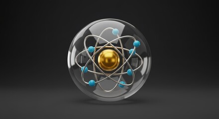 Atom in Glass Sphere on Black Background 3d Render of Science Concept