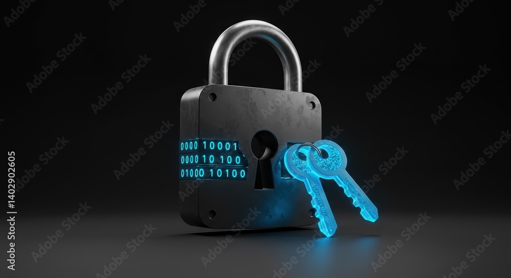 Poster digital padlock and glowing keys concept for secure data protection with encryption