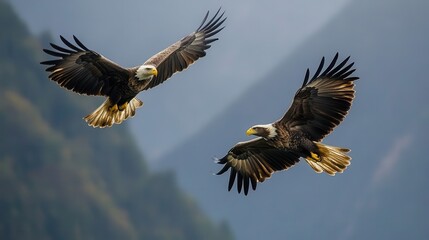Obraz premium Two bald eagles soaring majestically against a soft, gray sky.