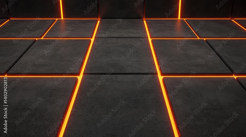 Poster a 3d rendering of a black floor with orange lines.