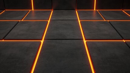 A 3D rendering of a black floor with orange lines.