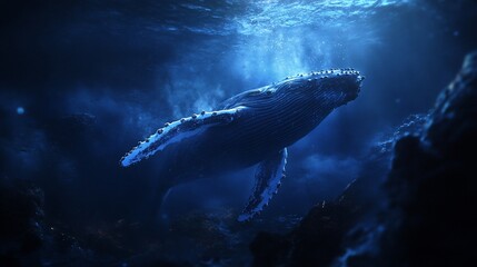 Fototapeta premium Majestic Humpback Whale Glides Through the Deep Blue Ocean Depths