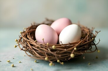 Easter holiday card. Pink and white Easter eggs are treated in a nest of brown twigs. The background is a blurry gray green.