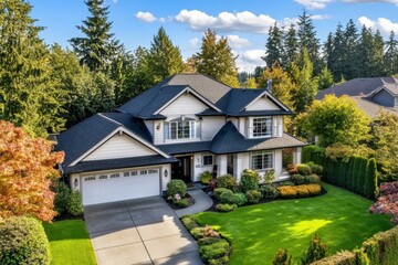 A beautiful two story house with extensive green lawns and trees