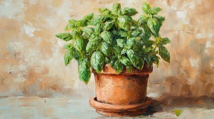 Lush Green Basil Plant Displayed in a Terracotta Colored Pot