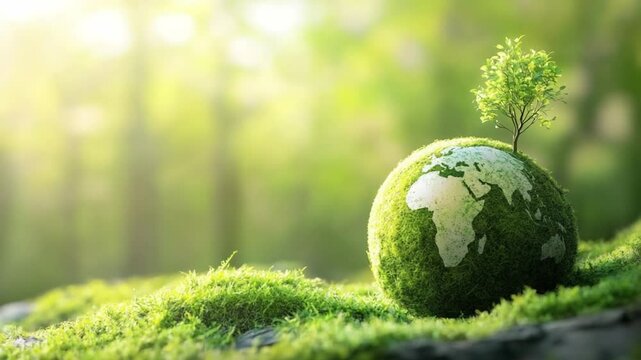 A green globe shaped like Earth stands on a patch of vibrant grass, featuring a small tree growing from its surface, illustrating the importance of nature and sustainability