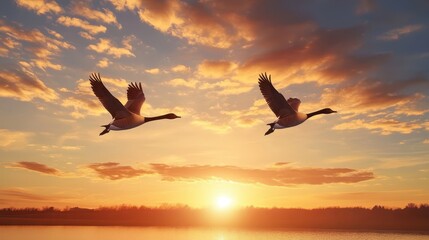 Fototapeta premium Two geese soar through a breathtaking sunset sky.
