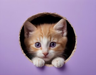 Naklejka premium Curious Kitten Peeking Through Hole in Purple Background