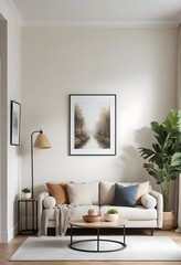 Serene Living Room Interior with Neutral Decor and Landscape Artwork