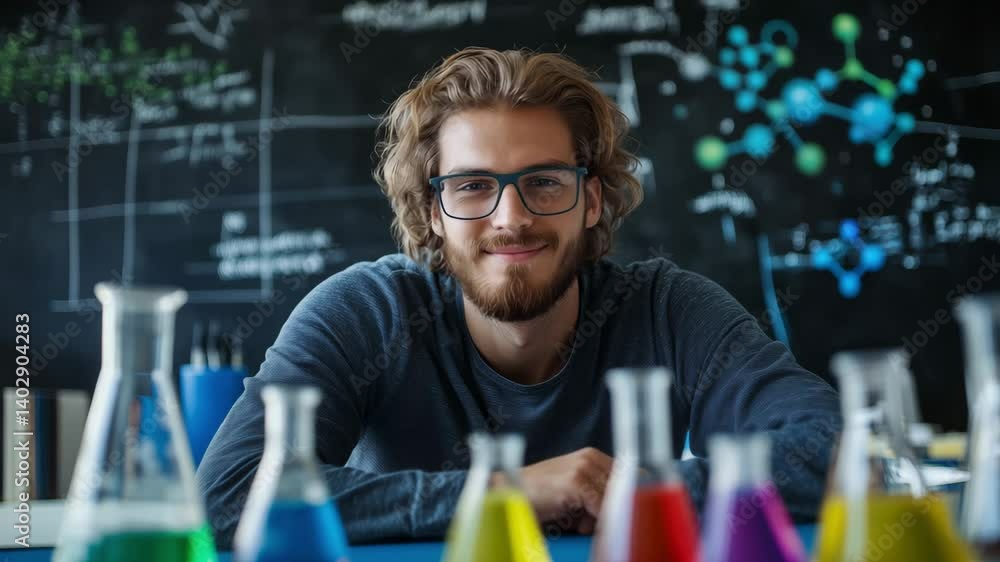Poster a young scientist man focuses on experiments in a laboratory surrounded by colorful liquids and scie