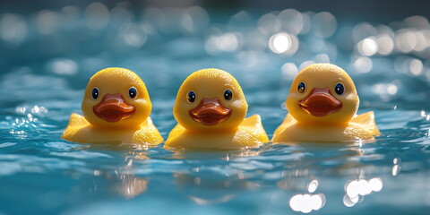 Three bright yellow rubber ducks floating in the water with splash effect for summer concept advertisement, perfect greeting card or kids birthday invitation design