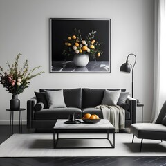 Stylish Modern Living Room Interior with Black Sofa and Citrus Artwork