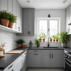 Modern Grey Kitchen with Plants and Black Countertops