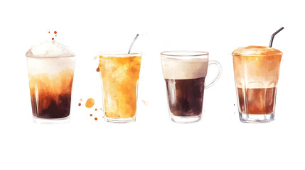 Four refreshing beverages, featuring a mix of iced coffee, frappuccino, and tea variations beautifully illustrated.