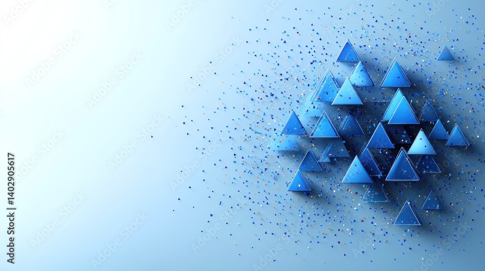 Poster elegant blue triangle arrangement on soft blue background creating a modern graphic design, useful f