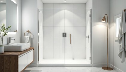 White paneled shower stall , water, steam